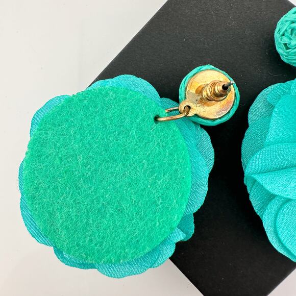 Teal Cloth Flower Earrings - CUTE! - Picture 5 of 6